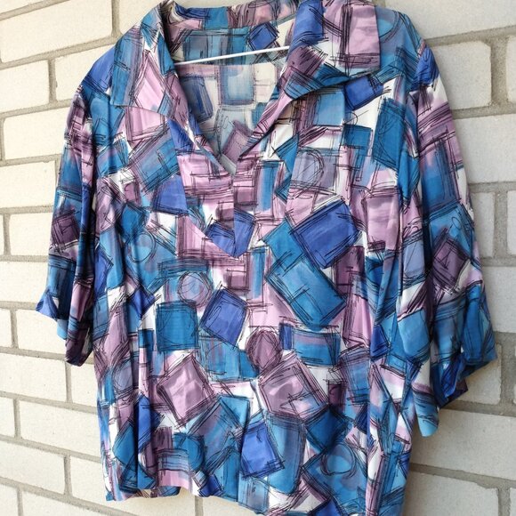 Vintage 60s Tunic Top Rayon 41" Bust Wide Collar Blue Purple Abstract Handmade - Picture 9 of 15